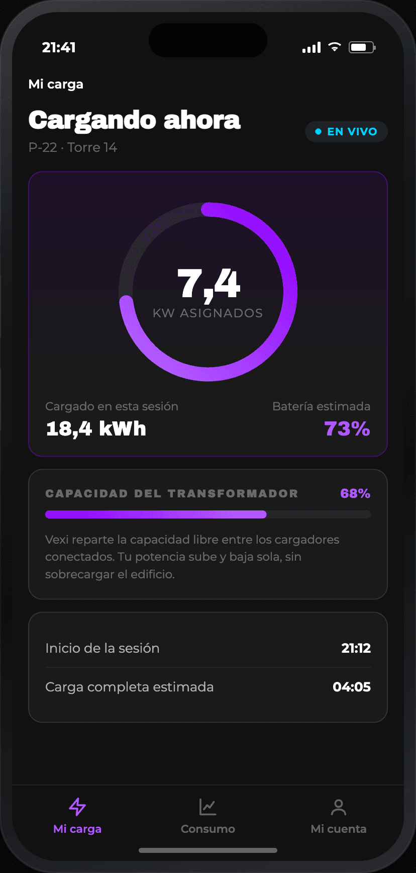Pantalla de la app mostrando la carga en vivo con la potencia asignada