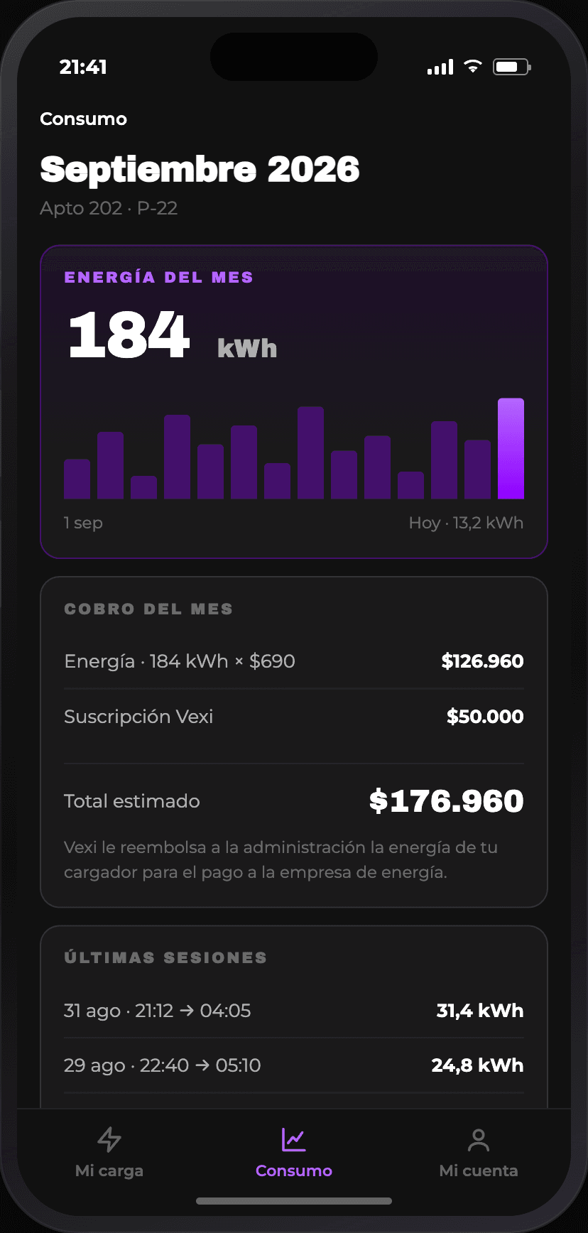 Pantalla de la app mostrando el consumo y el cobro del mes