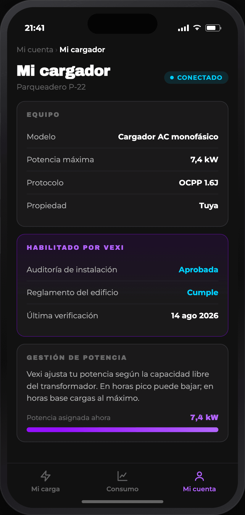 Pantalla de la app mostrando el estado del cargador propio