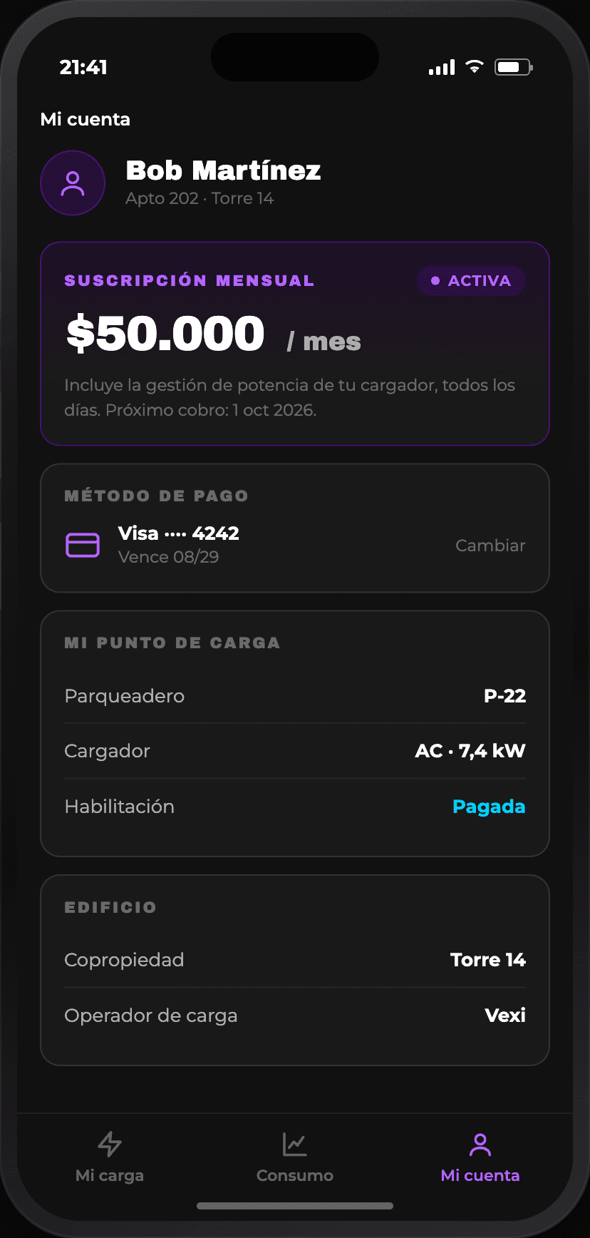 Pantalla de la app mostrando la suscripción y el punto de carga